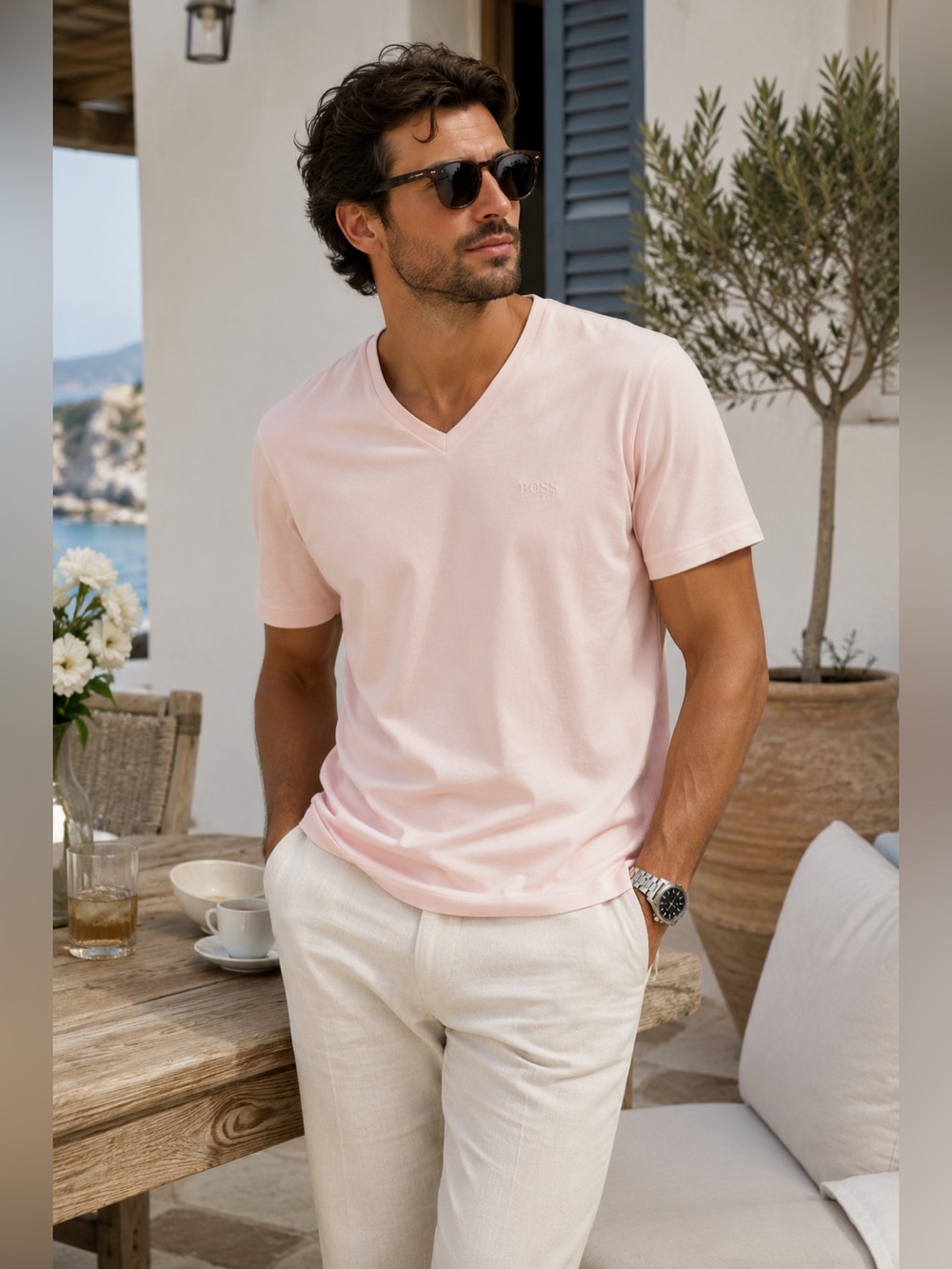 BOSS Hugo Boss Pima Cotton V-Neck T-Shirt | Light Pink | Regular Fit | Men’s L
